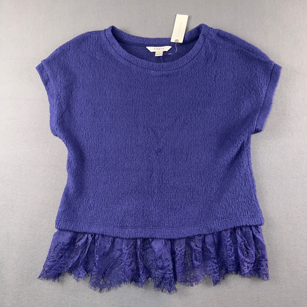 Maeve Anthropologie Dark Blue Lace Hem Textured Knit Short Sleeve Top S NEW